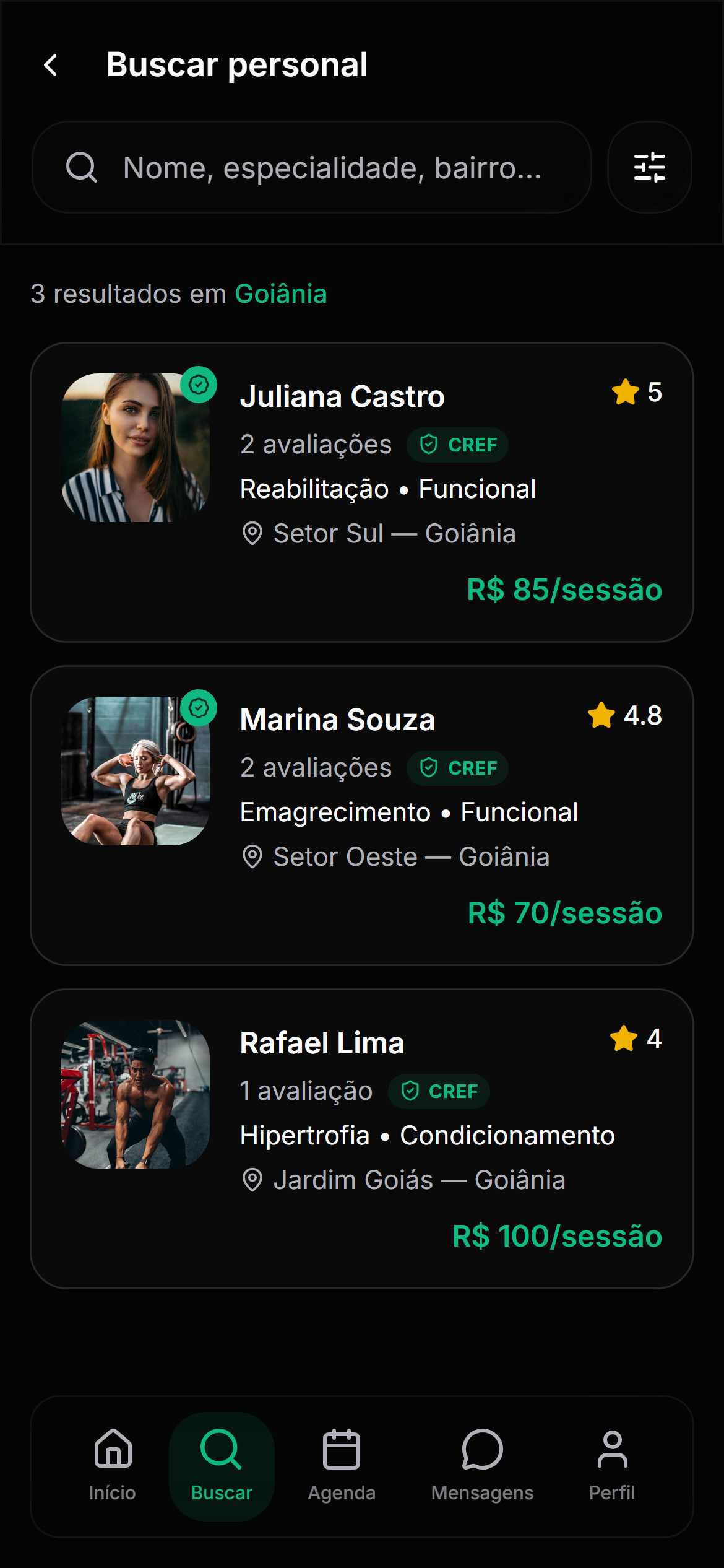 Busca do aluno — como seu perfil aparece para quem procura personal