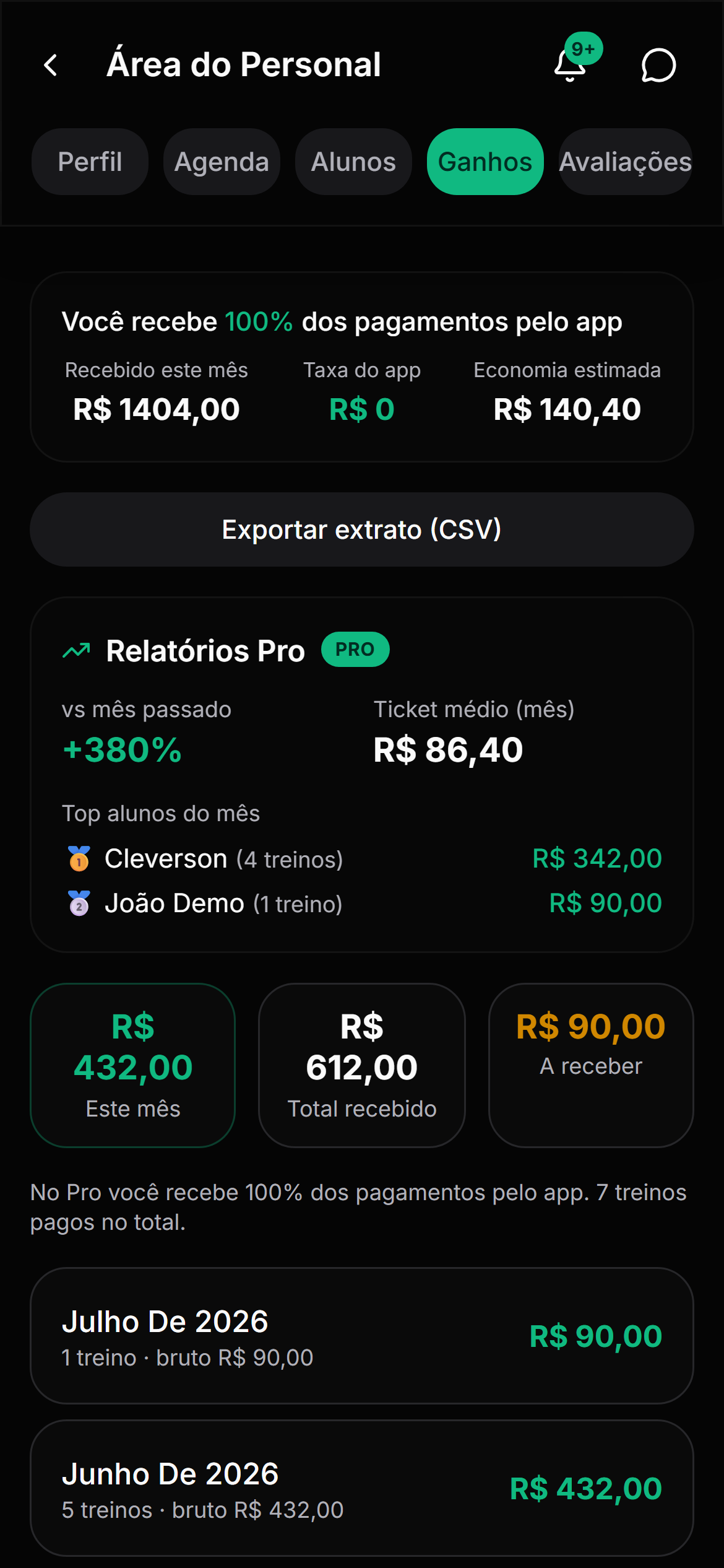Aba Ganhos — recebido no mês, extrato e relatórios