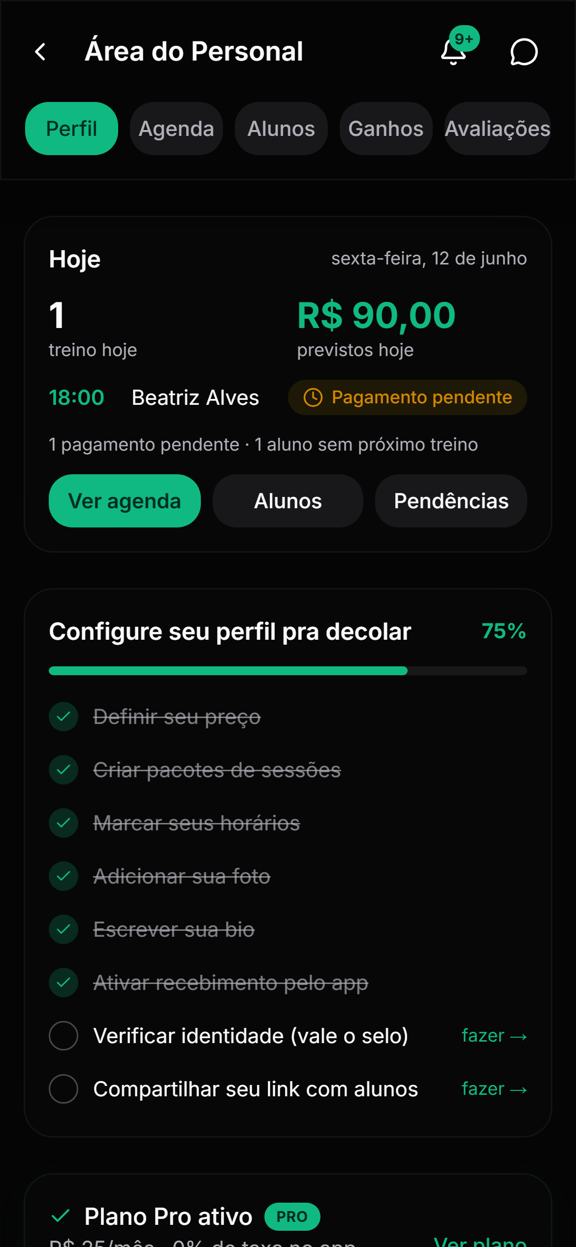 Painel do personal no app — card Hoje com treinos e valores do dia